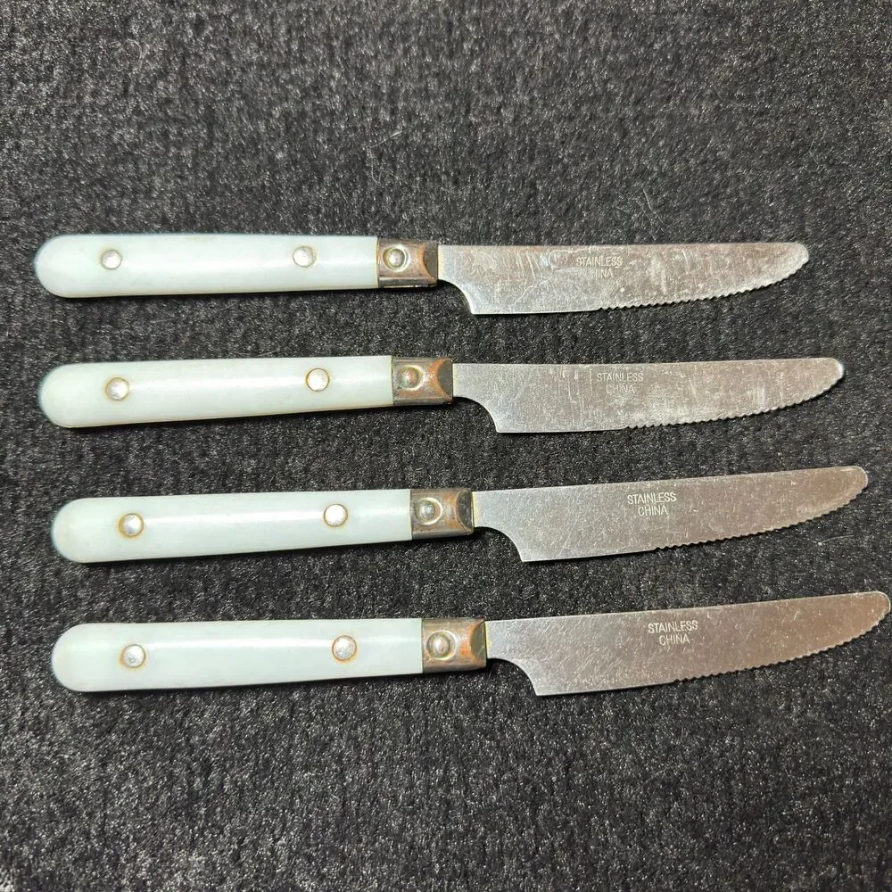 Steak Knives White Plastic Handle Serrated Stainless Steel Dinner Knife Vintage